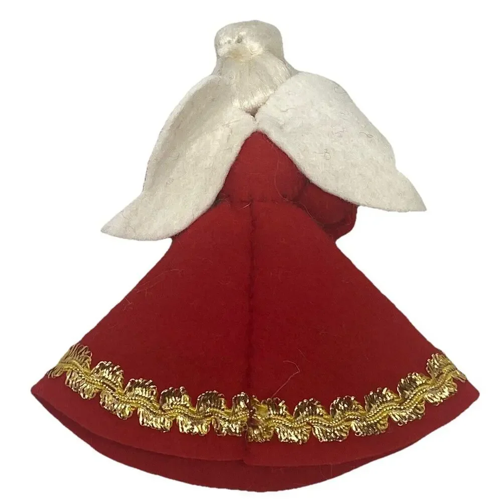 Vintage Christmas Angel 4 7/8” Figure Felt Red White Gold Wings Drum Decor